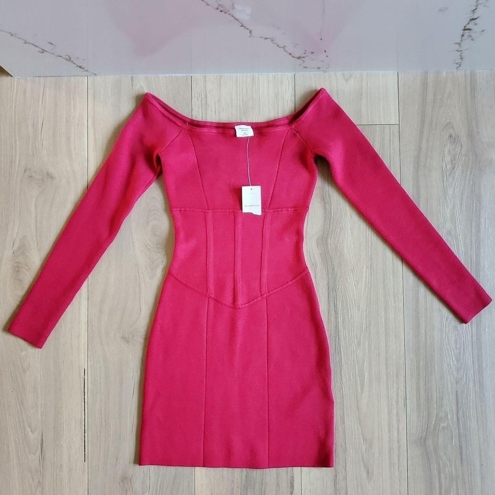 Abercrombie and Fitch Bodycon Dress Women XSP Pink Off Shoulder Long Sleeve